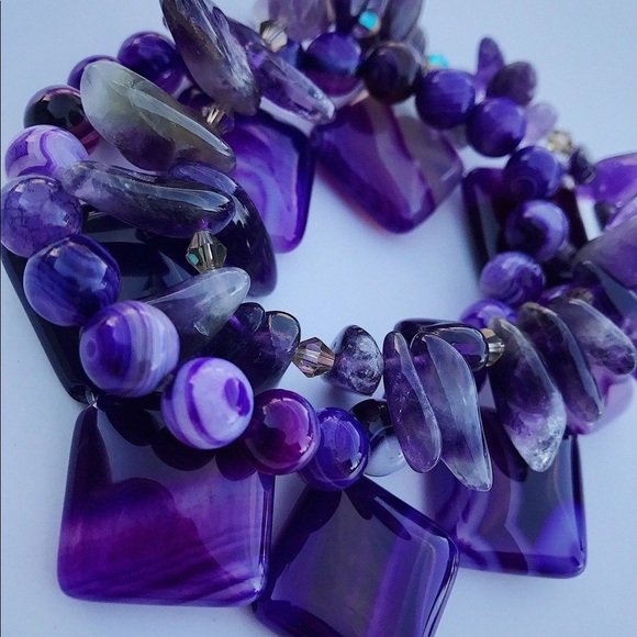 Natural Purple Striped Agate Gemstone Smooth Mixed Bead Bracelet Stack - Picture 5 of 7